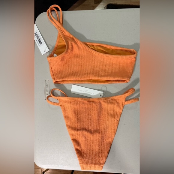 NWT Jonathan Simkhai Umi Textured One Shoulder Bikini Top & Bottom Set Orange XS - Picture 4 of 11